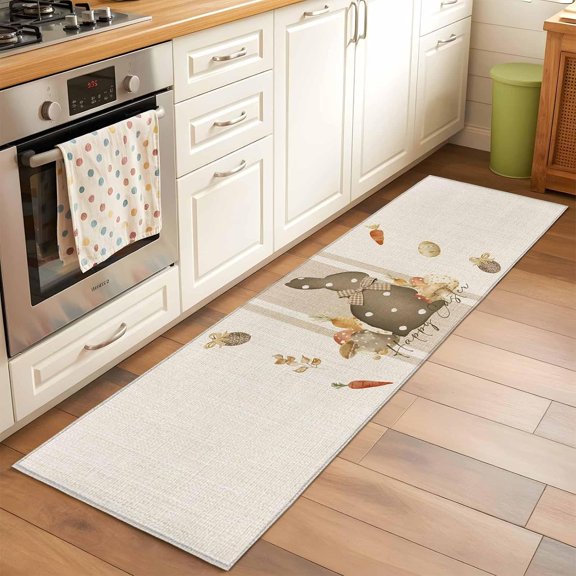 Easter Rabbits Runner Rug for Hallway 2x6ft, Brown Polka Dot Bunny Easter Egg Carrot Linen Non Slip Floor Mat Washable Low-Profile Indoor Carpet for Living Room, Bedroom, Dining Room