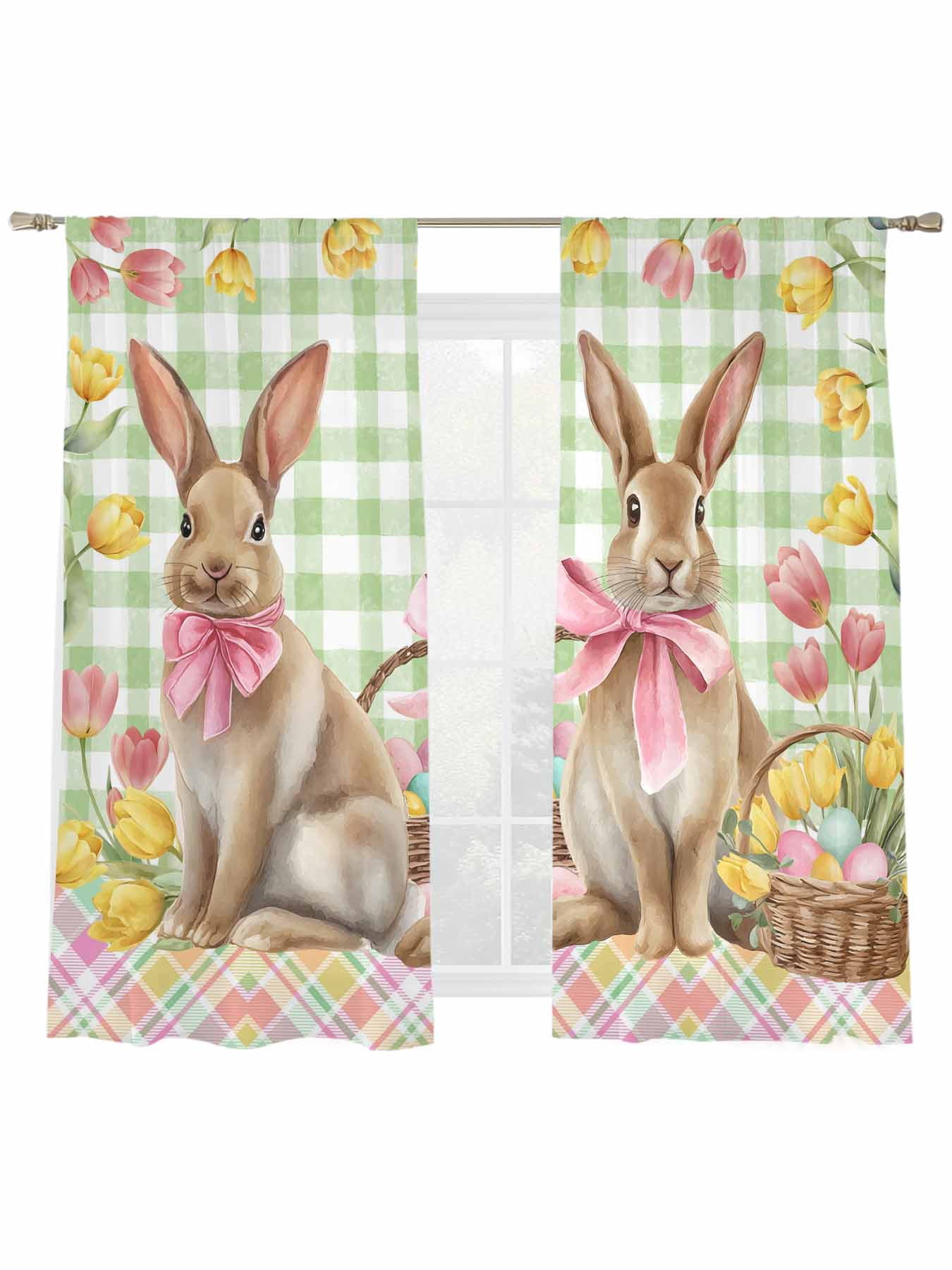 Easter Rabbits Sheer Curtains 2 Panels Set Spring Bowknots Bunny Floral ...