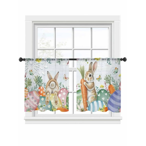 Easter Rabbits Sheer Curtains 2 Panels Set Spring Bunny Eggs Floral ...