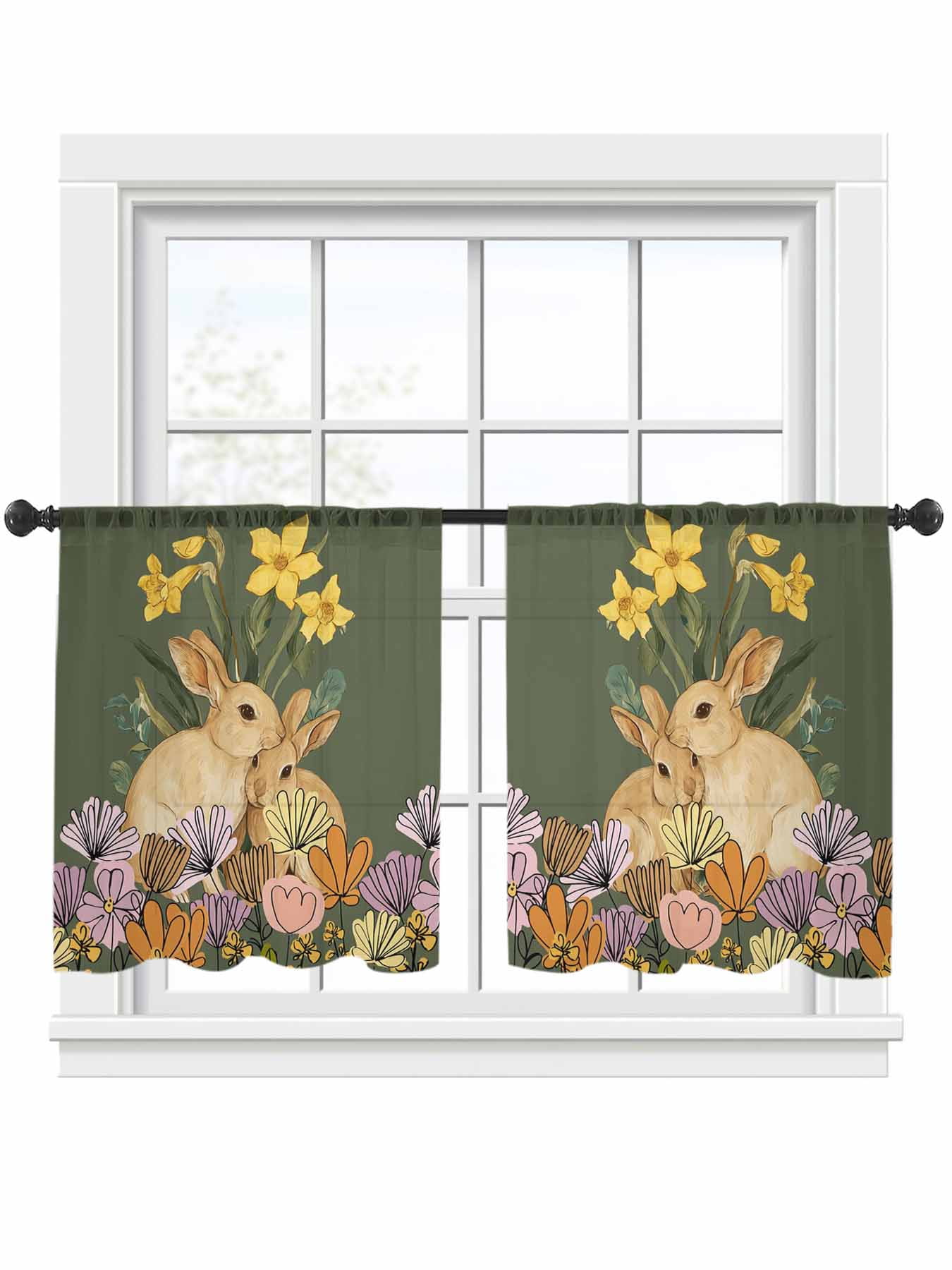 Easter Rabbits Sheer Curtains 2 Panels Set Spring Floral Leaf Bunny ...