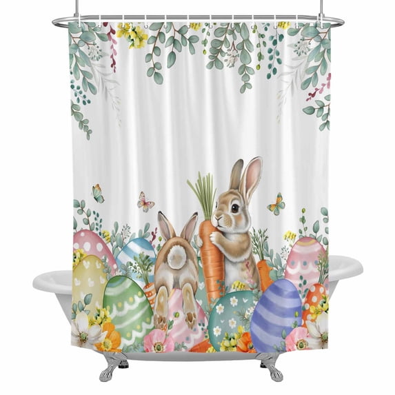 Easter Rabbits Shower Curtain for Bathroom, Spring Bunny Carrots Eggs Floral Leaf Waterproof Cloth Fabric Bathroom Accessories Set with 12 Rust Proof Plastic Hooks, 54"x78"