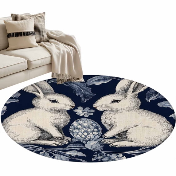 Easter Rabbits Small Round Rug 3Ft Country Blue Bunny Easter Egg Flowers Leaf Plant Blue Area Rugs Washable Non Slip Indoor Floor Mats Circle Carpet for Living Room Bedroom Dining Room Home Decor
