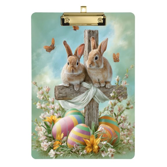 Easter Rabbits Standing on Cross Flowers Eggs Acrylic Clipboard Drawing Board with Hook Writing Pad File Storage A4 Size Gold 12.5" x 9"