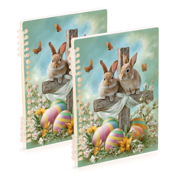 Easter Rabbits Standing on Cross Flowers Eggs Notebook Detachable Coil Notebook Diary Plan Book A5 Size 60 Pages 1 Pack