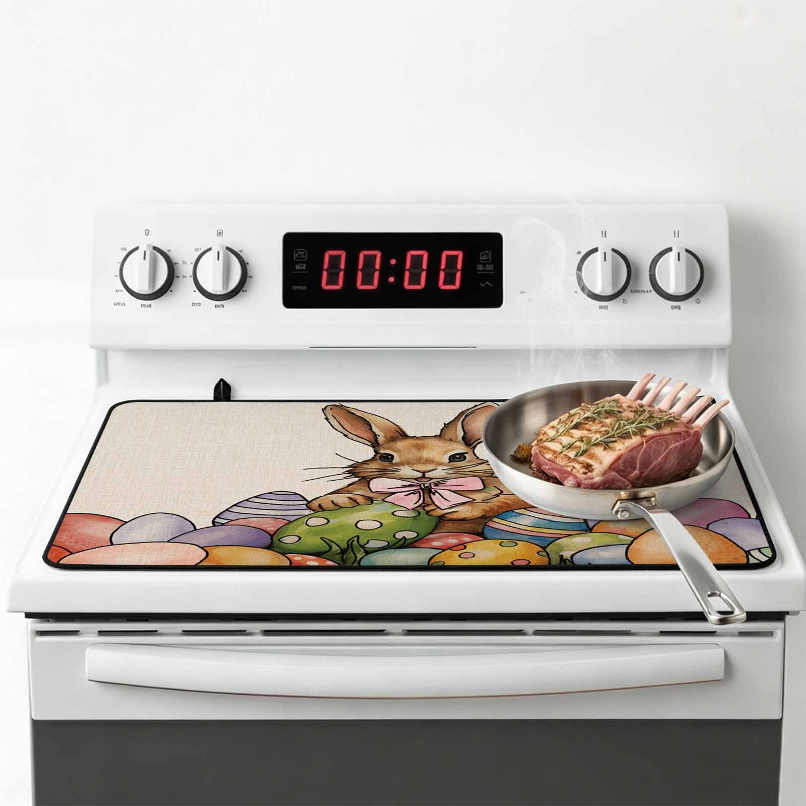 Easter Rabbits, Stove Top Cover for Electric Stove, Heat-proof & Non Slip Glass Top Stove Cover Protector, Easter Bunny Farmhouse Country Eggs Kitchen Flat Cooktop Rubber Mat 24x21 Inches