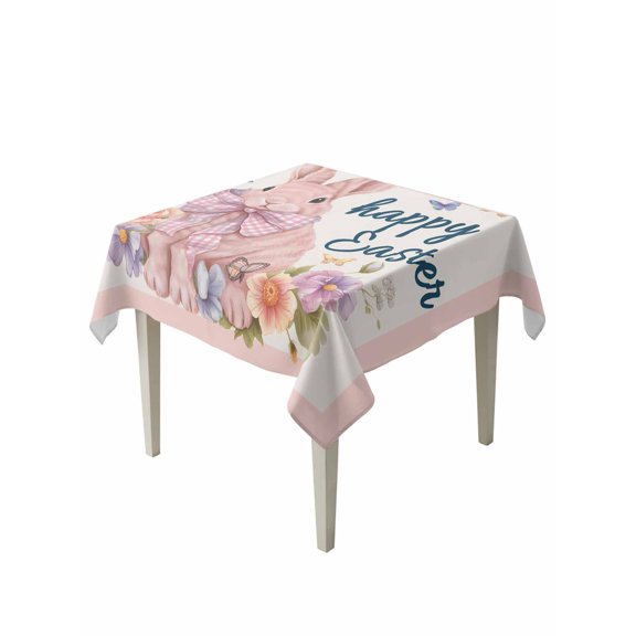 Easter Rabbits Suqare Tablecloth - 60 x 60 Inch, Spring Floral Cute Bunny Butterflies Pink Waterproof & StainResistant Tablecloth, Washable Oil-proof Table Cover for Dining/Party/Wedding/Buffet