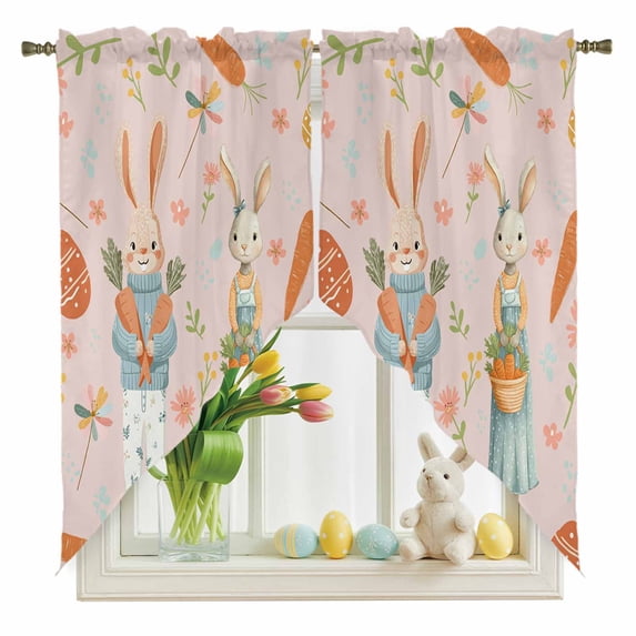 Easter Rabbits Swag Kitchen Curtain Valances, Spring Basket Carrots Eggs Flowers Pink Rod Pocket Curtains Window Treatment Decor Valances for Bedroom Bathroom, 2 Panels 36 x 45 Inch