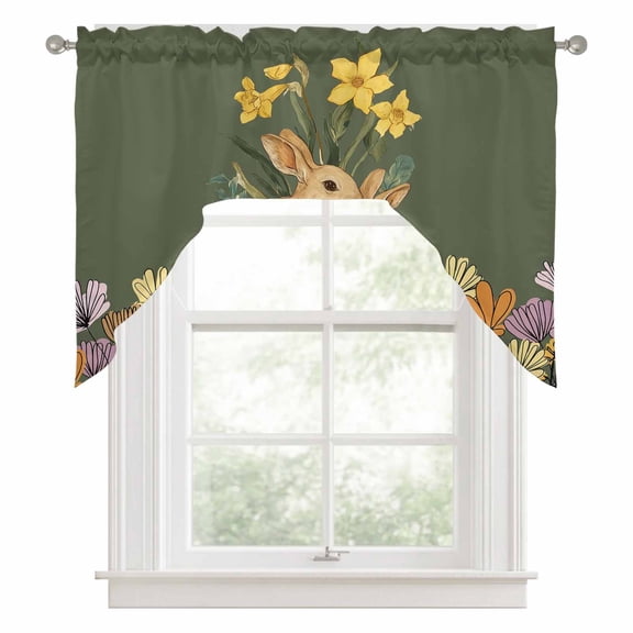 Easter Rabbits Swag Valance for Windows, Spring Floral Leaf Bunny Dark Green Background Swag Curtains Valances for Small Window Treatment Rod Pocket for Kitchen Bathroom 1 Panel 56x36in