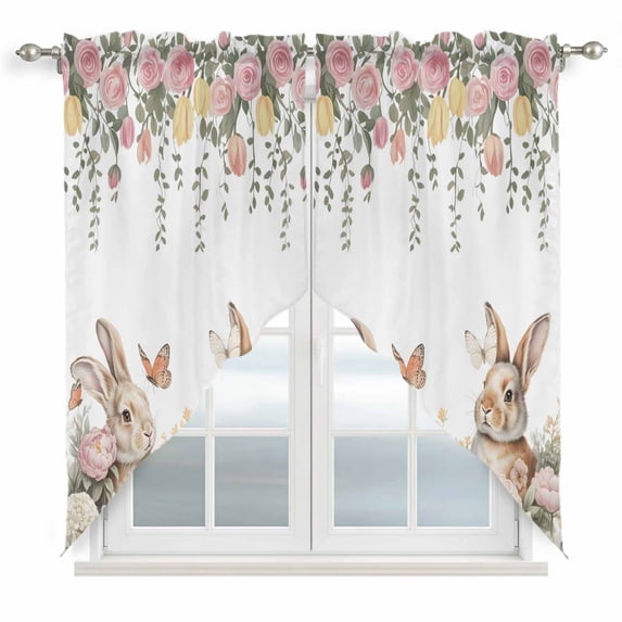 Easter Rabbits Swag Valances for Windows, Kitchen Window Curtains Over Sink, Watercolor Floral Cute Bunny Plants Spring Window Treatment Curtains for Living Room/Bedroom Curtains 2 Panel Sets 36"x45"