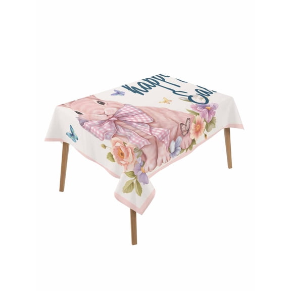Easter Rabbits Table Cloth, Waterproof Tablecloth for Rectangle Tables, Spring Floral Cute Bunny Butterflies Pink Reusable Washable Fabric Table Cover for Restaurant Kitchen Dining Tables 52"x70"