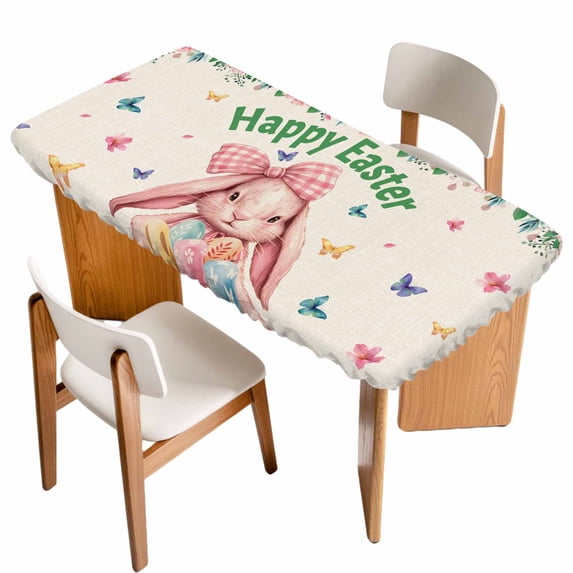 Easter Rabbits Table Cloths for 3 Foot Rectangle Tables, Spring Floral Eggs Butterflies Bunny Leaf Beige Patio Waterproof Elastic Fitted Tablecloths, Washable Rectangular Table Cover for Camping