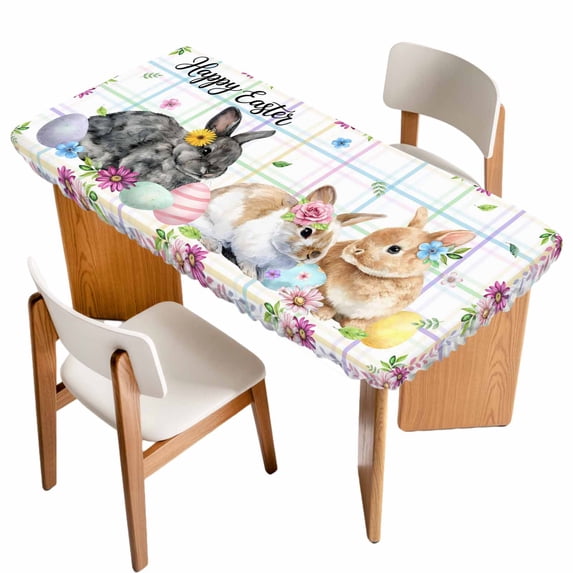 Easter Rabbits Table Cloths for 4 Foot Rectangle Tables, Cute Bunny Faisy Leaf Eggs Spring Colorful Plaid Patio Waterproof Elastic Fitted Tablecloths, Washable Rectangular Table Cover for Camping