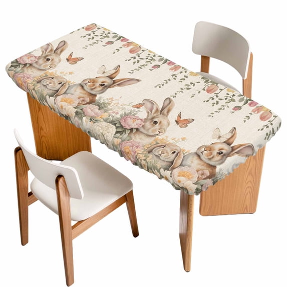 Easter Rabbits Table Cloths for 4 Foot Rectangle Tables, Spring Flowers Butterfly Bunny Plants Beige Patio Waterproof Elastic Fitted Tablecloths, Washable Rectangular Table Cover for Camping