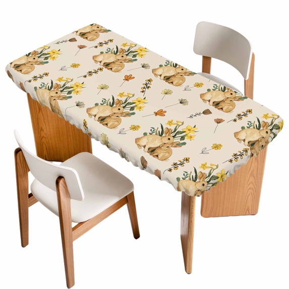 Easter Rabbits Table Cloths for 4 Foot Rectangle Tables, Spring Yellow Flowers Country Plants Vintage Patio Waterproof Elastic Fitted Tablecloths, Washable Rectangular Table Cover for Camping