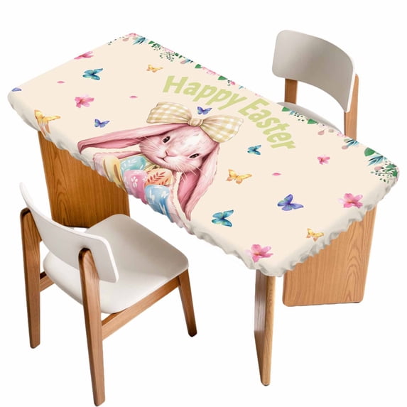 Easter Rabbits Table Cloths for 5 Foot Rectangle Tables, Cute Bunny Eggs Butterflies Floral Leaf Beige Patio Waterproof Elastic Fitted Tablecloths, Washable Rectangular Table Cover for Camping