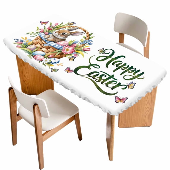 Easter Rabbits Table Cloths for 5 Foot Rectangle Tables, Watercolor Flowers Eggs Cute Bunny Butterflies Patio Waterproof Elastic Fitted Tablecloths, Washable Rectangular Table Cover for Camping