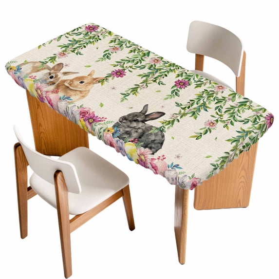 Easter Rabbits Table Cloths for 6 Foot Rectangle Tables, Cute Bunny Eggs Flowers Botanical Spring Beige Patio Waterproof Elastic Fitted Tablecloths, Washable Rectangular Table Cover for Camping