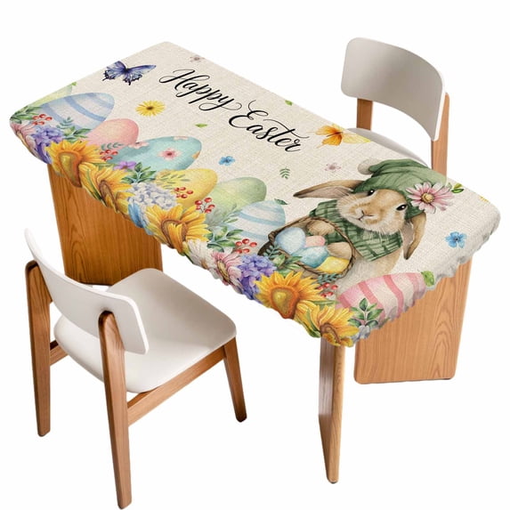 Easter Rabbits Table Cloths for 6 Foot Rectangle Tables, Watercolor Flowers Eggs Butterflies Spring Beige Patio Waterproof Elastic Fitted Tablecloths, Washable Rectangular Table Cover for Camping