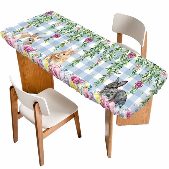 Easter Rabbits Table Cloths for 8 Foot Rectangle Tables, Spring Cute Bunny Eggs Flowers Leaf Blue Plaid Patio Waterproof Elastic Fitted Tablecloths, Washable Rectangular Table Cover for Camping