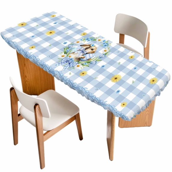 Easter Rabbits Table Cloths for 8 Foot Rectangle Tables, Spring Eggs Tulips Daisy Wreath Bunny Blue Plaid Patio Waterproof Elastic Fitted Tablecloths, Washable Rectangular Table Cover for Camping