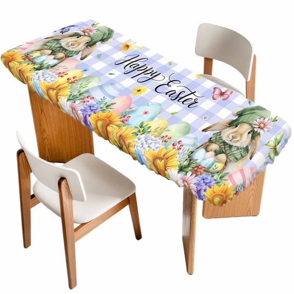 Easter Rabbits Table Cloths for 8 Foot Rectangle Tables, Watercolor Eggs Flowers Butterflies Purple Plaid Patio Waterproof Elastic Fitted Tablecloths, Washable Rectangular Table Cover for Camping