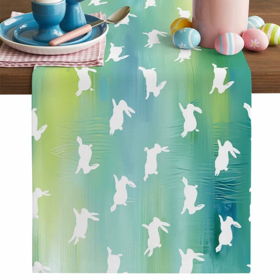 Easter Rabbits Table Runner, Abstract White Bunny Gradient Yellow Green Blue Cotton Linen Kitchen Table Decoration Washable Dining Tabletop Runners for Home Party Decor 13x36 Inches