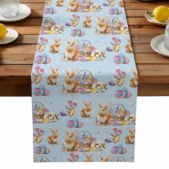 Easter Rabbits Table Runner, Color Eggs Spring Flower Animal Blue Background Washable Kitchen Table Runners Dress Scarves for Dining Table Decorations Party, 13x36in