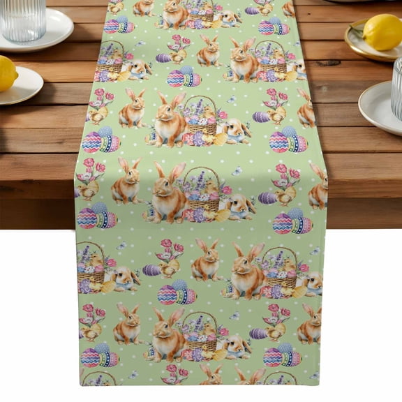 Easter Rabbits Table Runner, Color Eggs Spring Flower Animal Green Background Washable Kitchen Table Runners Dress Scarves for Dining Table Decorations Party, 13x36in