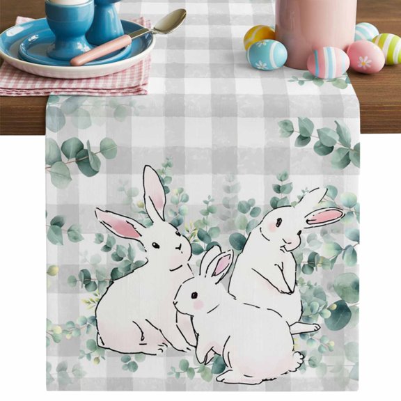 Easter Rabbits Table Runner, Cute Bunny Eucalyptus Leaves Grey Plaid Cotton Linen Kitchen Table Decoration Washable Dining Tabletop Runners for Home Party Decor 13x48 Inches