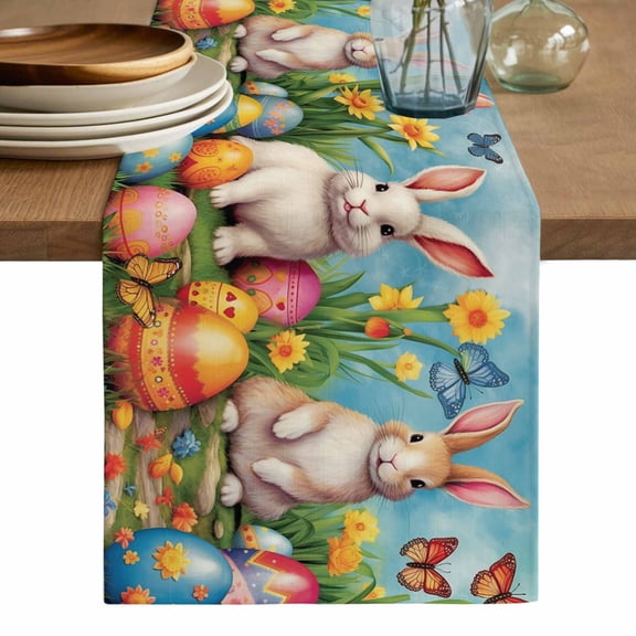 Easter Rabbits Table Runner, Easter Bunny Egg Watercolor Floral Washable Cotton Linen Table Runners 36 Inches Long, Dresser Scarf Runner for Nightstand/End Tables/Round Tables 13''x36''