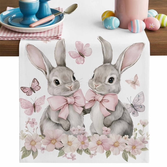 Easter Rabbits Table Runner, Pink Flower Bow Cotton Linen Kitchen Table Decoration Washable Dining Tabletop Runners for Home Party Decor 13x48 Inches