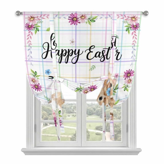 Easter Rabbits Tie Up Curtains 45 Inches Long, Kitchen Window Curtains Over Sink, Cute Bunny Faisy Leaf Eggs Spring Colorful Plaid Small Window Curtains Balloon Curtains Valances for Bedroom 34"x45"