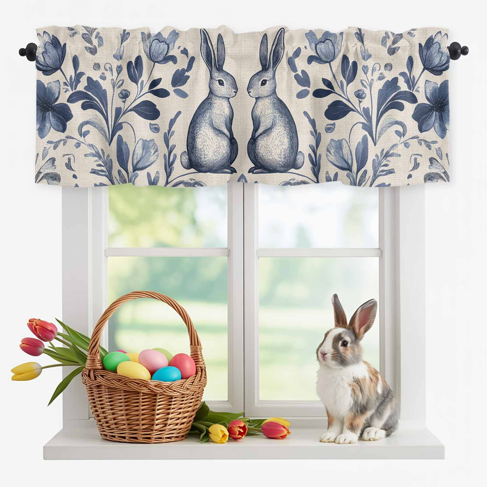 Easter Rabbits Valances for Windows, Cute Blue Bunny Watercolor Boho Floral Leaf Linen Texture Valance Window Treatment Rod Pocket Short Curtains Valances for Kitchen Bathroom 60"W x18"L