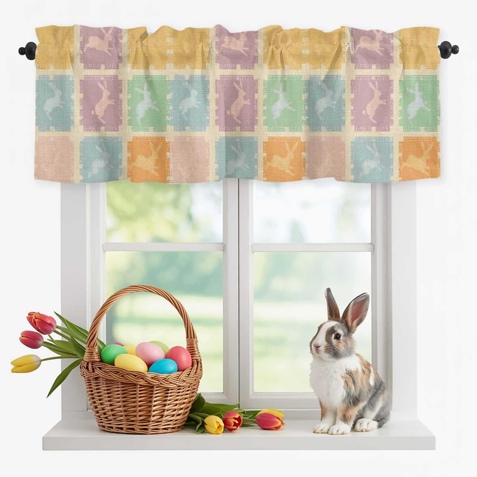 Easter Rabbits Valances for Windows, Vintage Purple Blue Green Rabbit ...