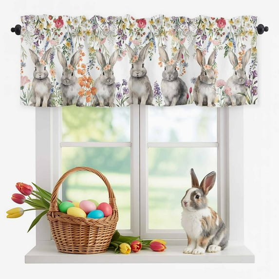 Easter Rabbits Valances for Windows, Watercolor Bunny Spring Red Yellow Blue Purple Floral Plant Valance Window Treatment Rod Pocket Short Curtains Valances for Kitchen Bathroom 54"W x18"L