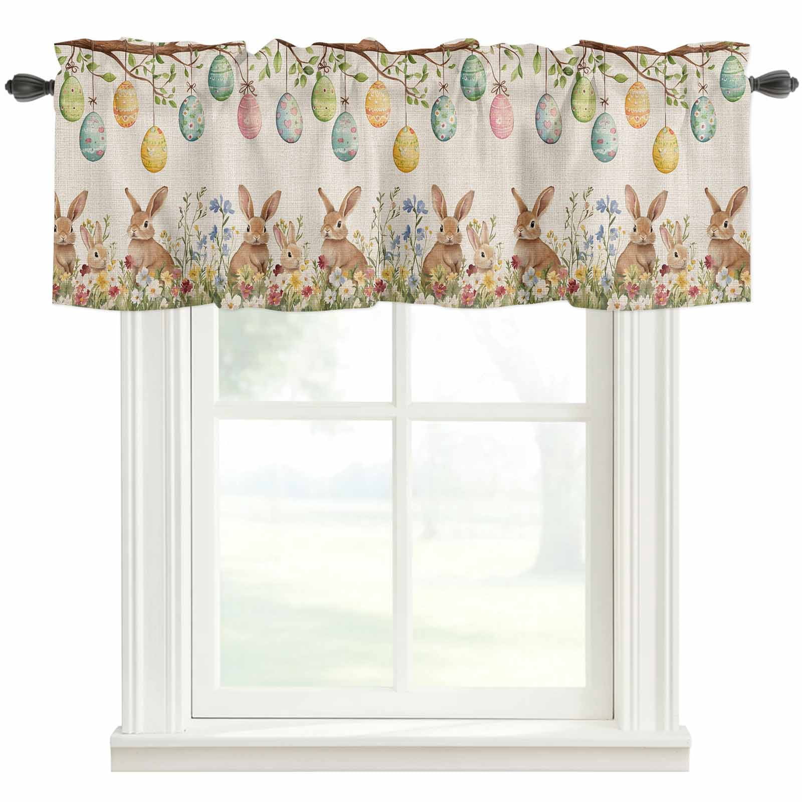 Window Ledge For Rabbits Easter Rabbits Valances for Windows Colorful Eggs Rod Pocket Curtain ...