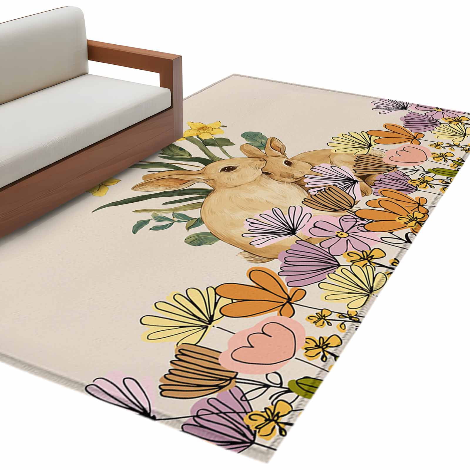 Easter Rabbits Washable Area Rug 2.7 x 5 ft Spring Floral Leaf Bunny ...