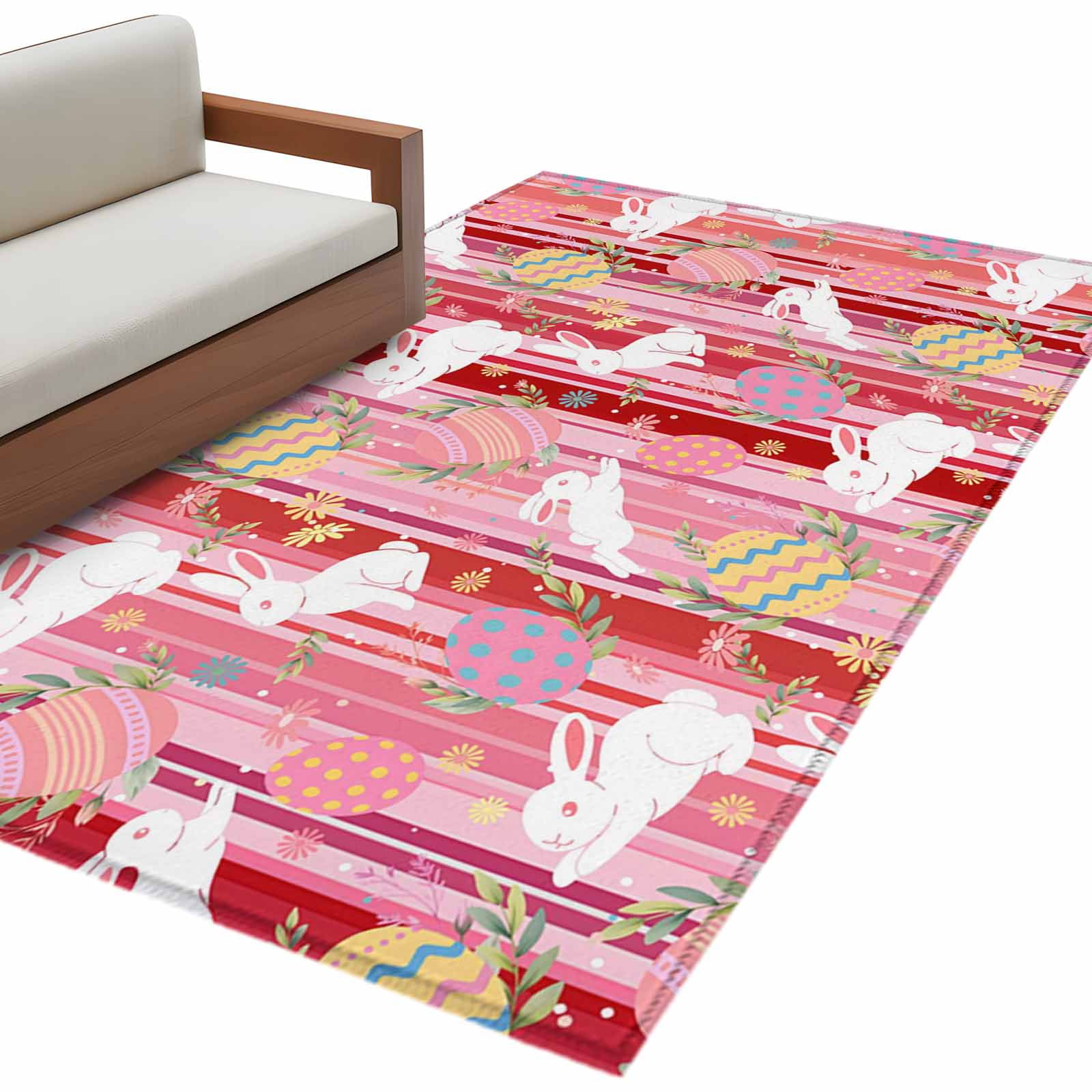 Easter Rabbits Washable Area Rug 2.7 x 5 ft Watercolor Yellow Pink Eggs ...