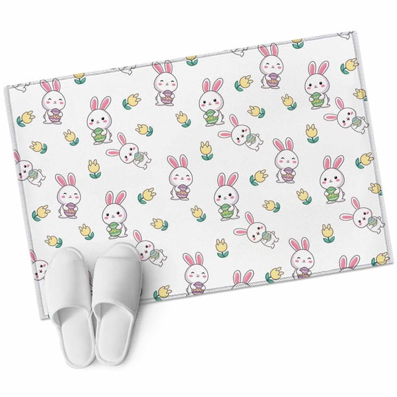 Easter Rabbits Washable Area Rug 2 x 3 ft Spring Bunny Easter Eggs Yellow Floral, Soft Non Slip Rugs Stain Repellent Indoor Felt Carpet for Living Dining Room Bedroom Home Office