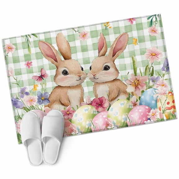 Easter Rabbits Washable Area Rug 2 x 3 ft Spring Colored Eggs Floral Green Plaid, Soft Non Slip Rugs Stain Repellent Indoor Felt Carpet for Living Dining Room Bedroom Home Office