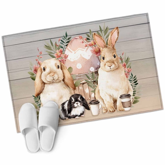 Easter Rabbits Washable Area Rug 2 x 3 ft Watercolor Bunny Eggs Coffee Cups Wood Grain, Soft Non Slip Rugs Stain Repellent Indoor Felt Carpet for Living Dining Room Bedroom Home Office