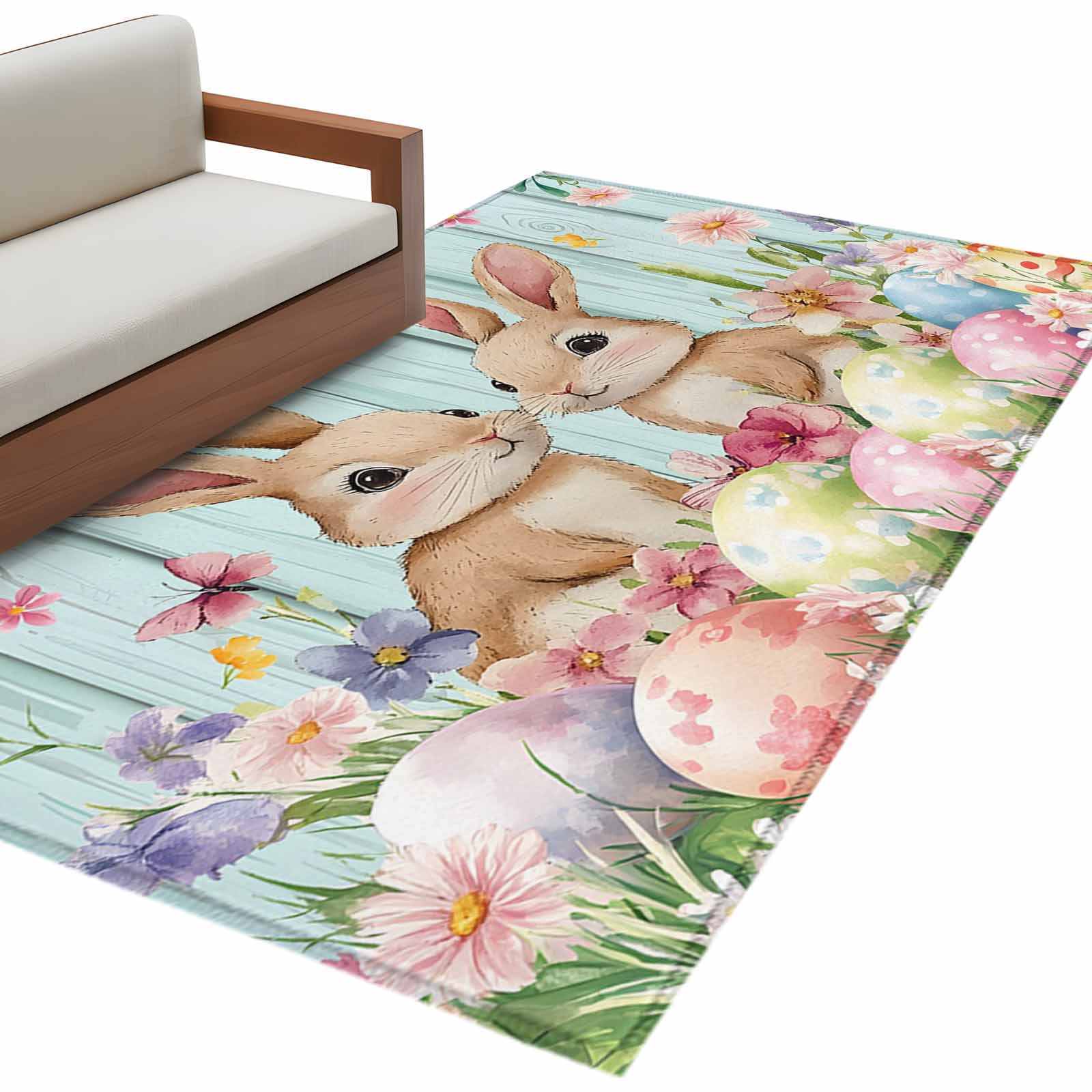 Easter Rabbits Washable Area Rug 4 x 6 ft Spring Colored Eggs Floral ...