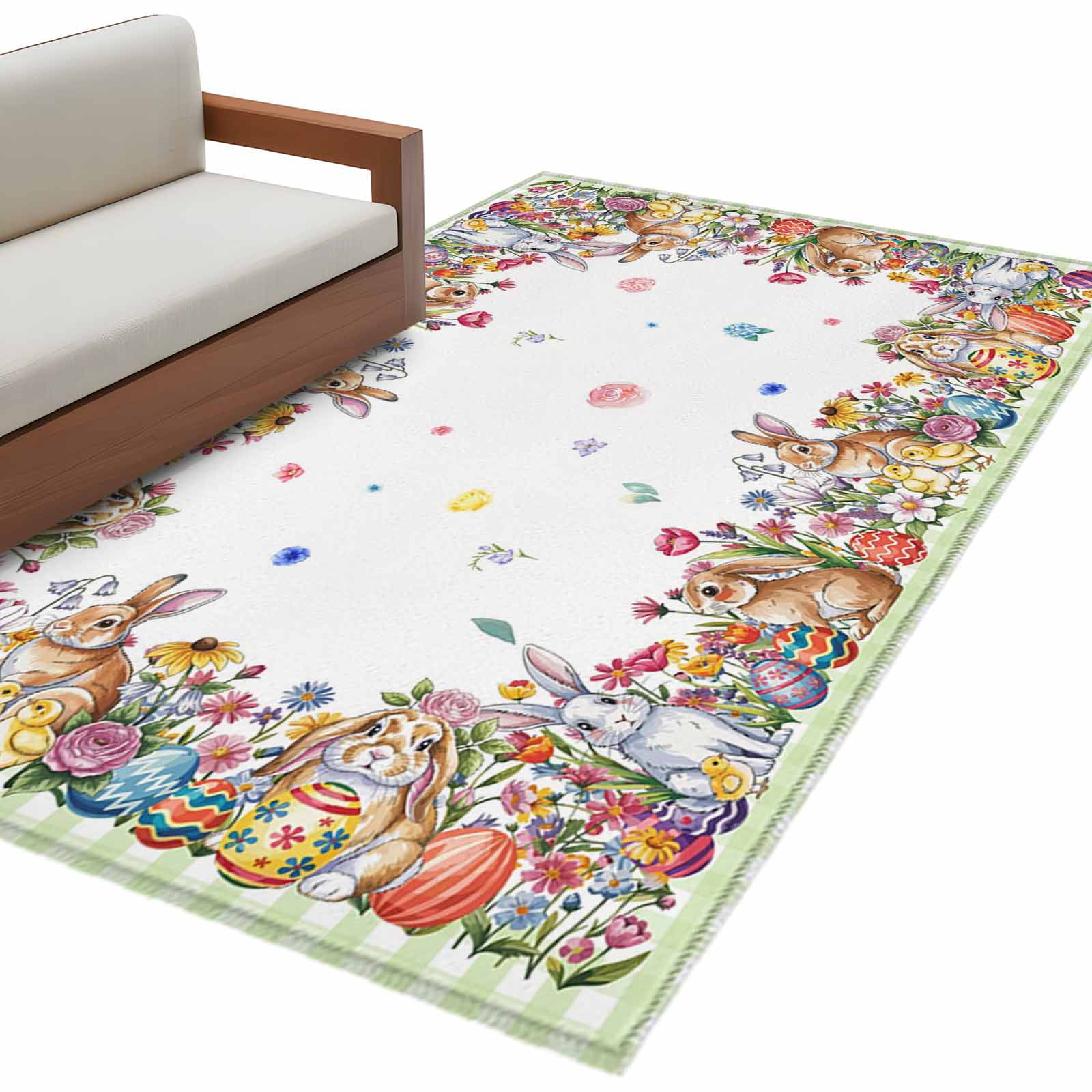 Easter Rabbits Washable Area Rug 4 x 6 ft Watercolor Spring Eggs Floral ...