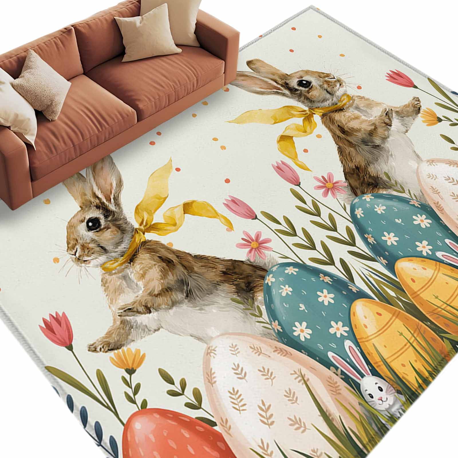 Easter Rabbits Washable Area Rug 5 x 8 ft Spring Watercolor Eggs Floral ...