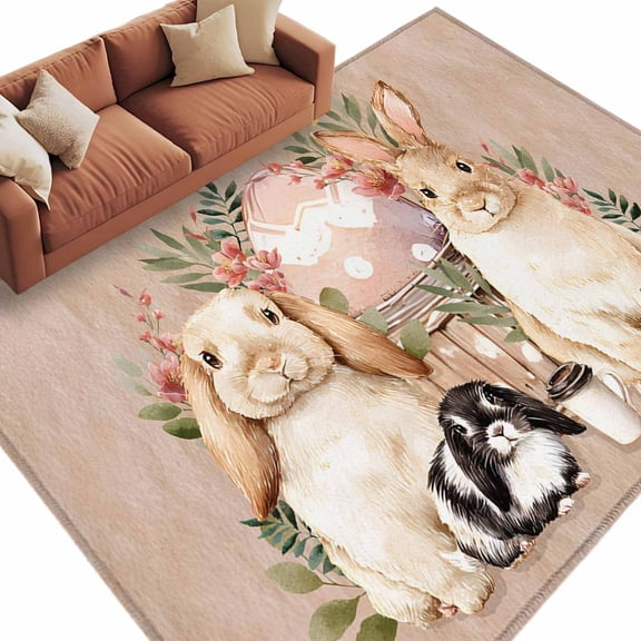 Easter Rabbits Washable Area Rug 5 x 8 ft Watercolor Bunny Eggs Coffee Cups Khaki Background, Soft Non Slip Rugs Stain Repellent Indoor Felt Carpet for Living Dining Room Bedroom Home Office