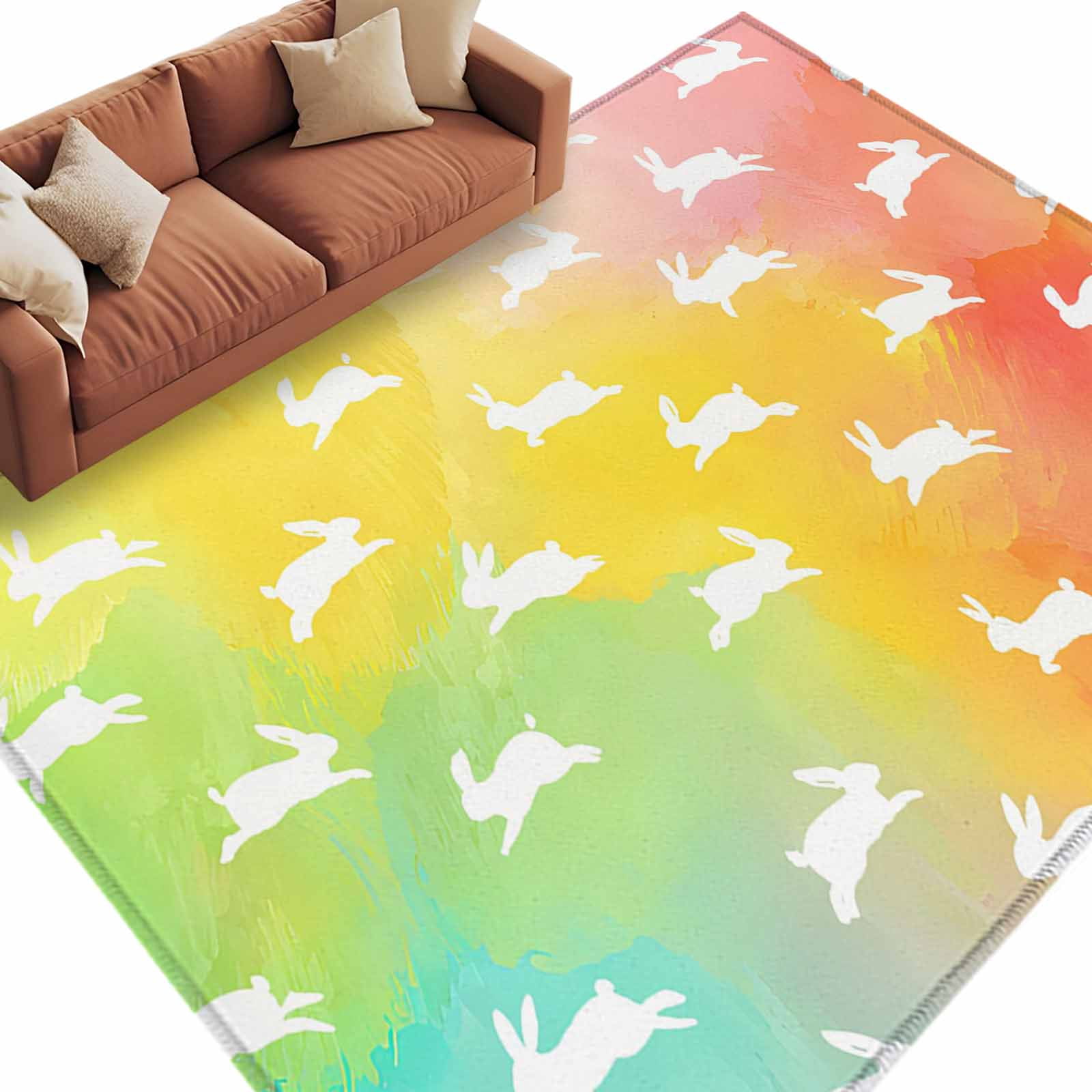 Easter Rabbits Washable Area Rug 6 x 9 ft Abstract White Bunny Gradient ...