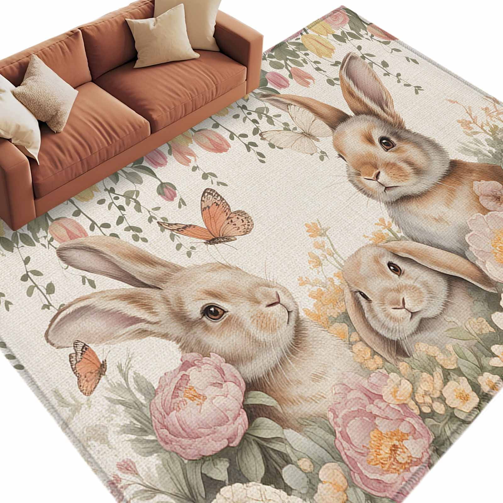 Easter Rabbits Washable Area Rug 6 x 9 ft Pink Flower Hydrangea ...