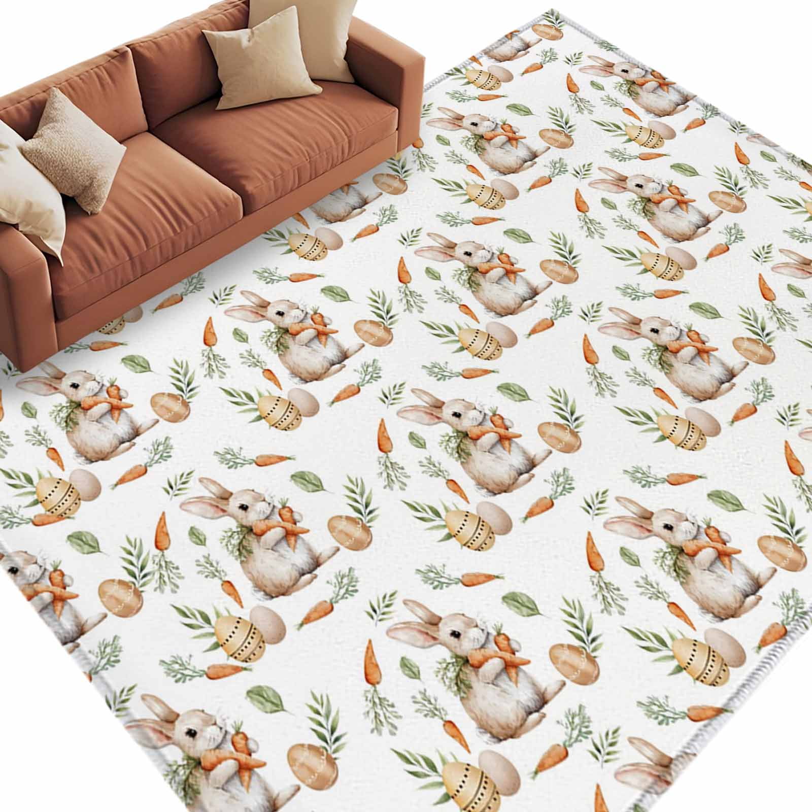 Easter Rabbits Washable Area Rug 8 x 10 ft Spring Country Carrots Eggs ...
