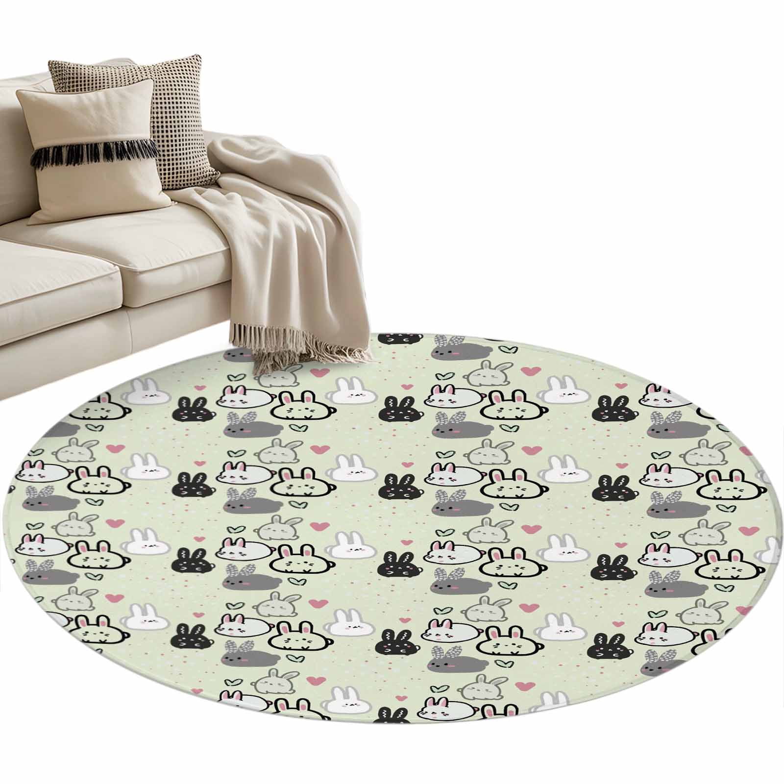 Easter Rabbits Washable Round Area Rug 3.3 ft, Spring Black Grey White ...