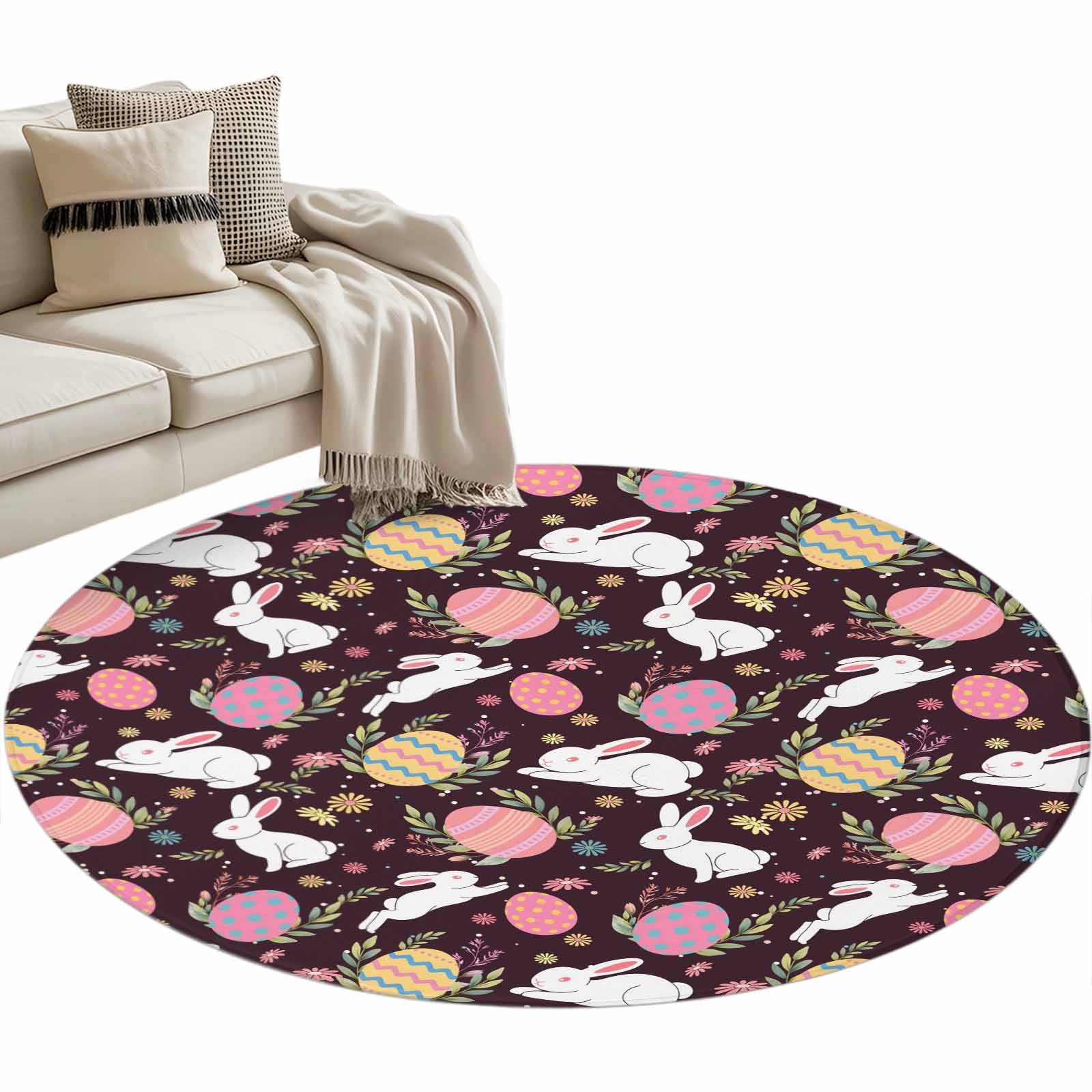 Easter Rabbits Washable Round Area Rug 3.3 ft, Watercolor Yellow Pink ...